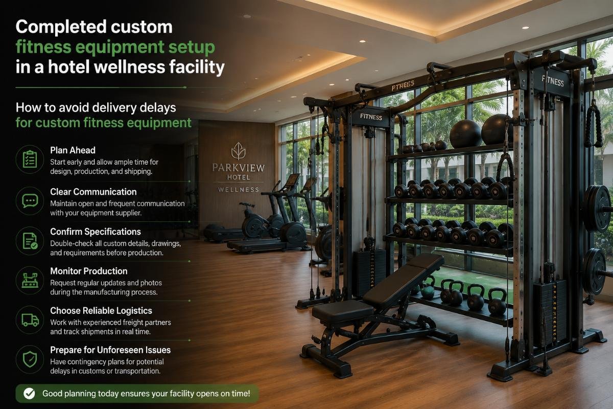 How to avoid delivery delays for custom fitness equipment Completed custom fitness equipment setup in a hotel wellness facility