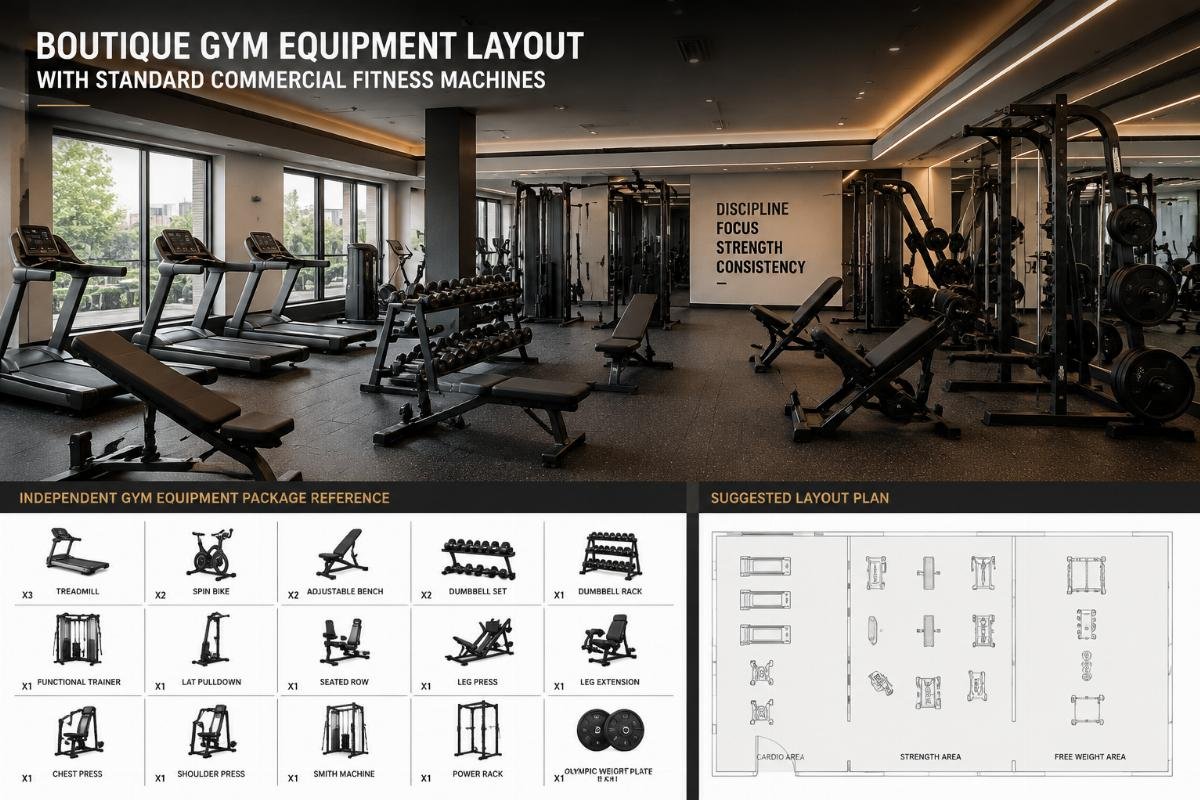 Independent gym equipment package reference Boutique gym equipment layout with standard commercial fitness machines