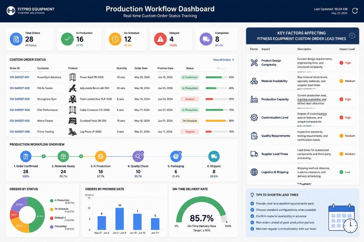 Key factors affecting fitness equipment custom order lead times Production workflow dashboard showing real-time custom order status tracking