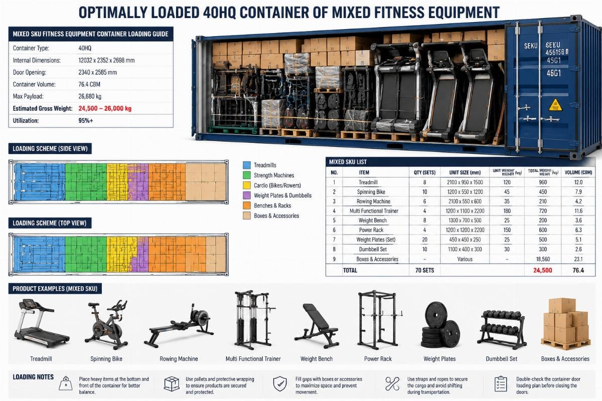 Optimally loaded 40HQ container of mixed fitness equipment