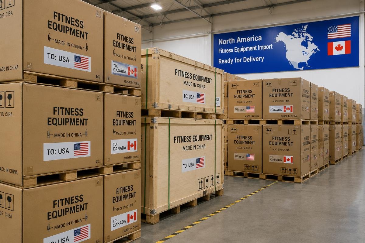 A warehouse of labeled fitness equipment ready for shipment to US and Canada