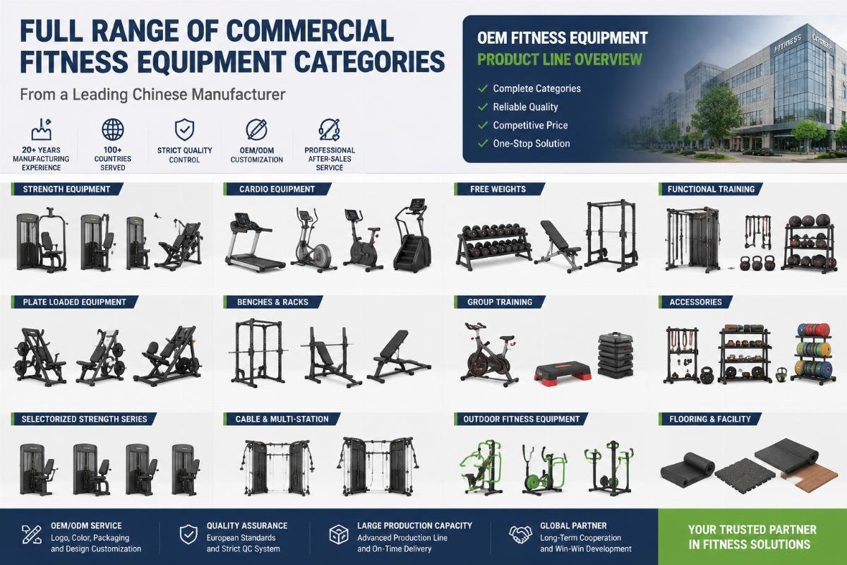 OEM fitness equipment product line overview Full range of commercial fitness equipment categories from a leading Chinese manufacturer