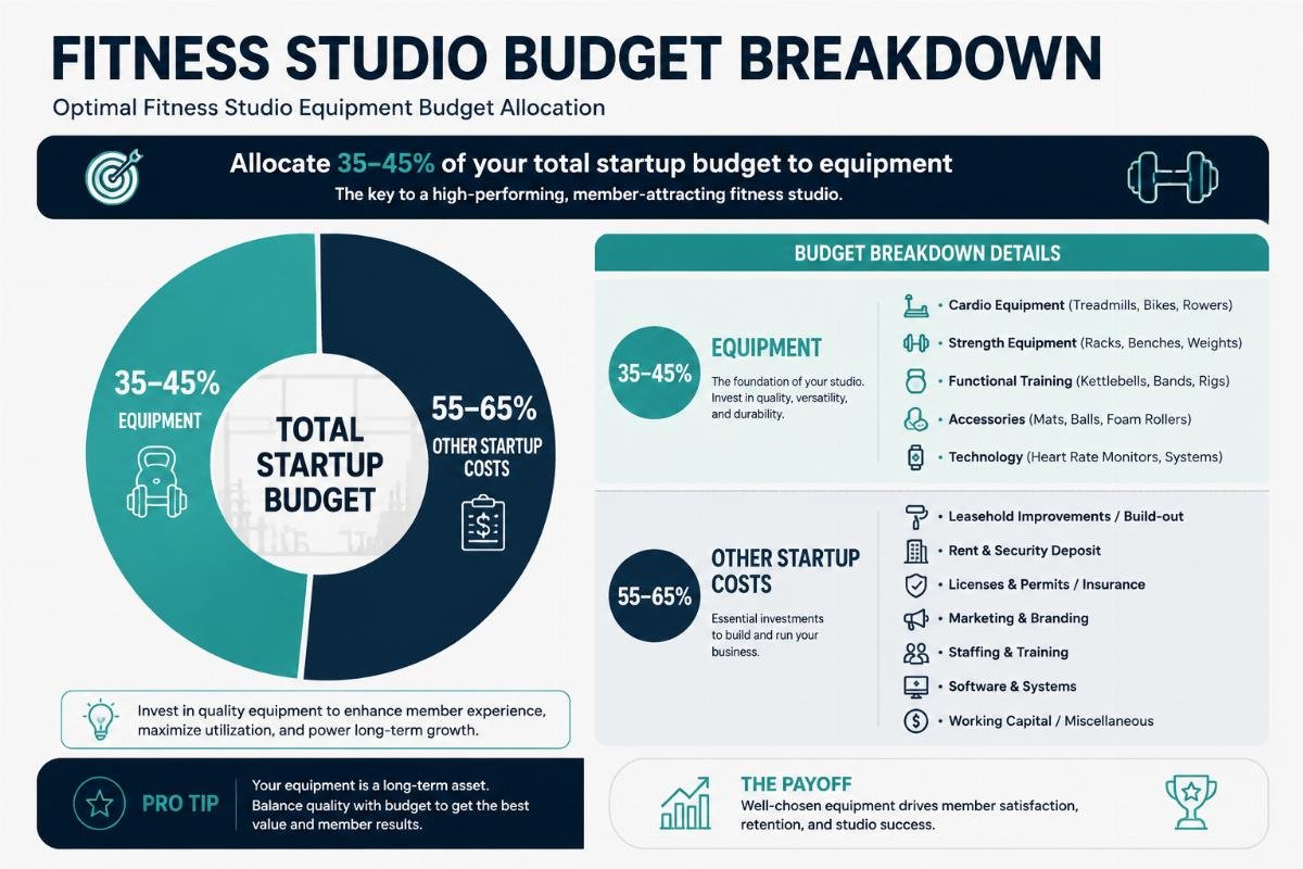 Fitness studio budget breakdown infographic showing 35-45% allocation to equipment vs other startup costs