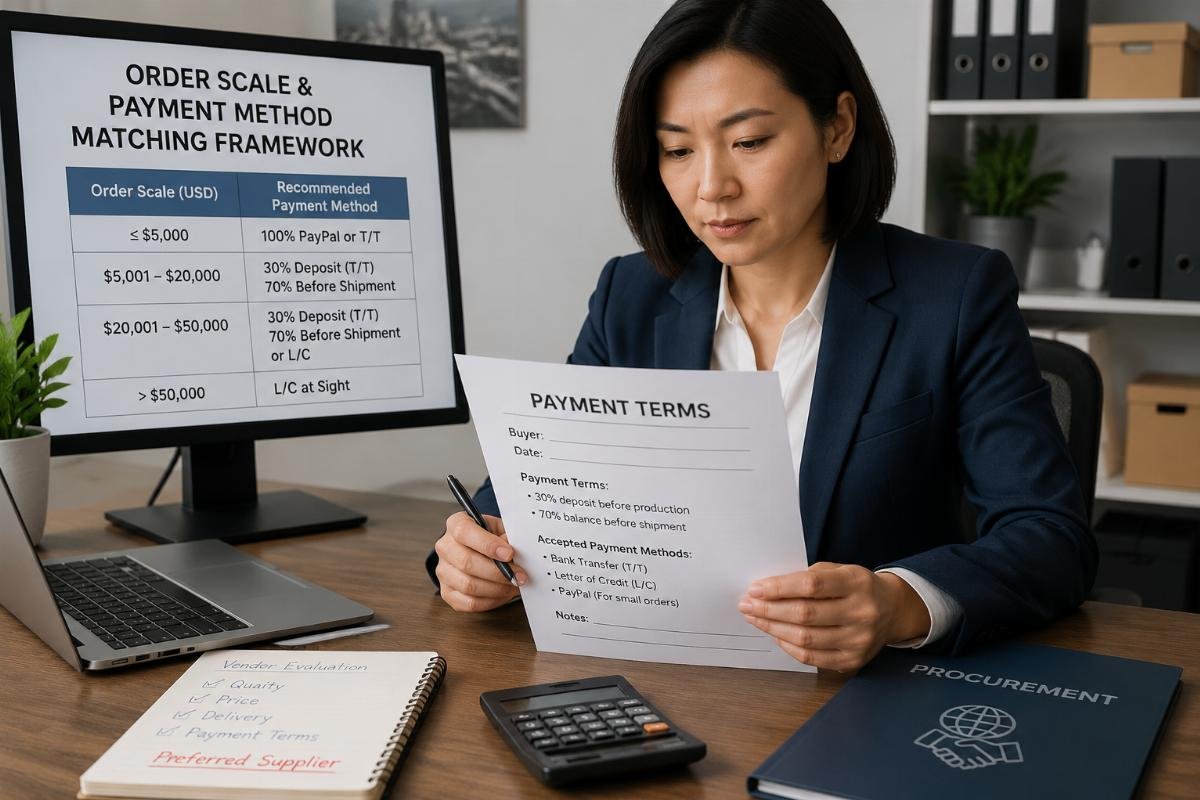 Order scale and payment method matching framework A procurement manager reviewing a payment terms document at their desk
