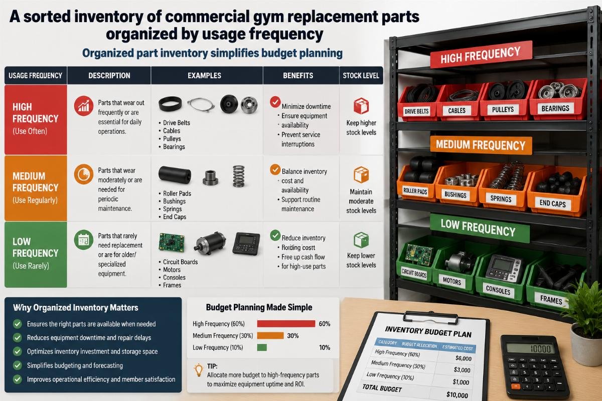 A sorted inventory of commercial gym replacement parts organized by usage frequency