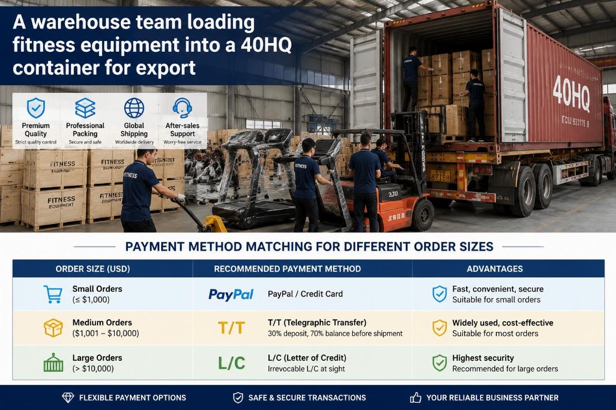 Payment method matching for different order sizes A warehouse team loading fitness equipment into a 40HQ container for export