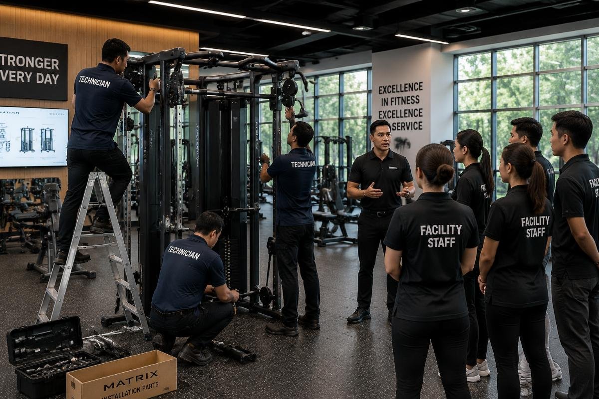 professional gym equipment installation with staff training A team of technicians completing on-site gym equipment installation while facility staff observe training