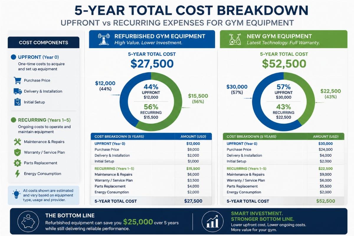 refurbished vs new gym equipment cost breakdown Cost breakdown infographic showing 5 year total cost split between upfront and recurring expenses for gym equipment
