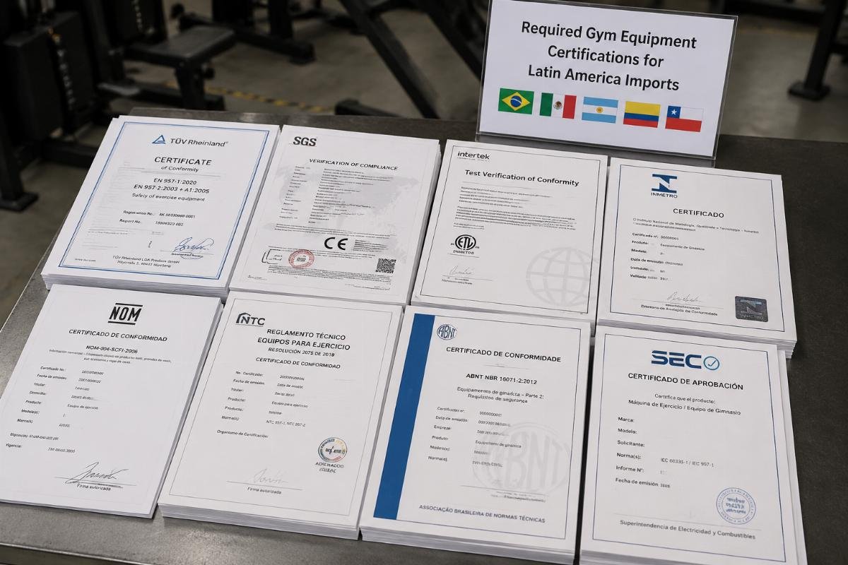 Required gym equipment certifications for Latin America imports A stack of valid certification documents for commercial gym equipment laid out on a factory desk