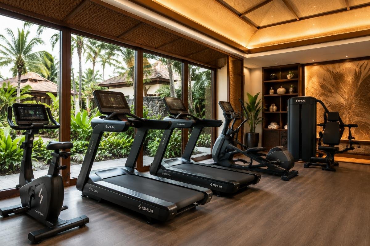 Resort fitness equipment customization for Southeast Asia Compact low-noise gym equipment installed in a luxury resort fitness center matching interior design