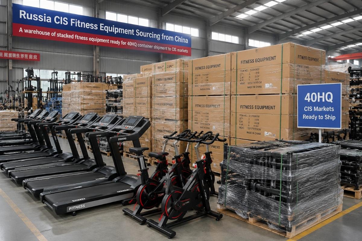 A warehouse of stacked fitness equipment ready for 40HQ container shipment to CIS markets