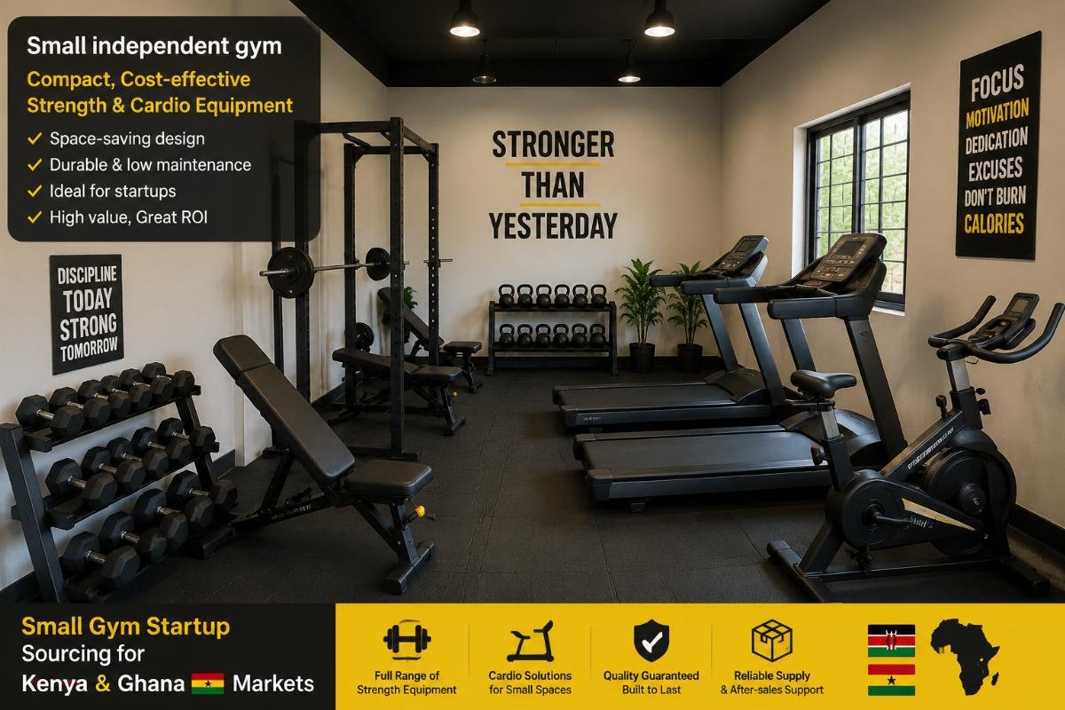 Small gym startup sourcing for Kenya and Ghana markets Small independent gym interior with compact, cost-effective strength and cardio equipment