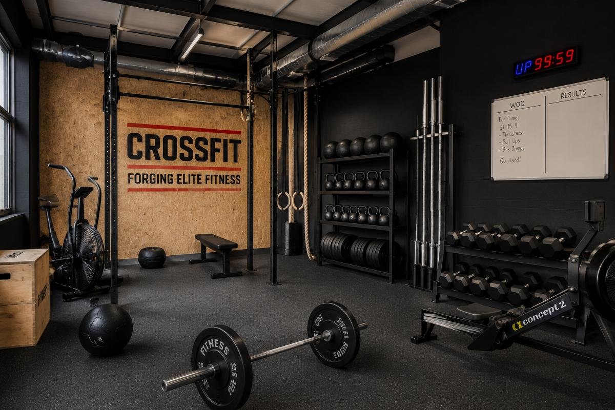 A small CrossFit studio fully fitted with strength and functional training equipment