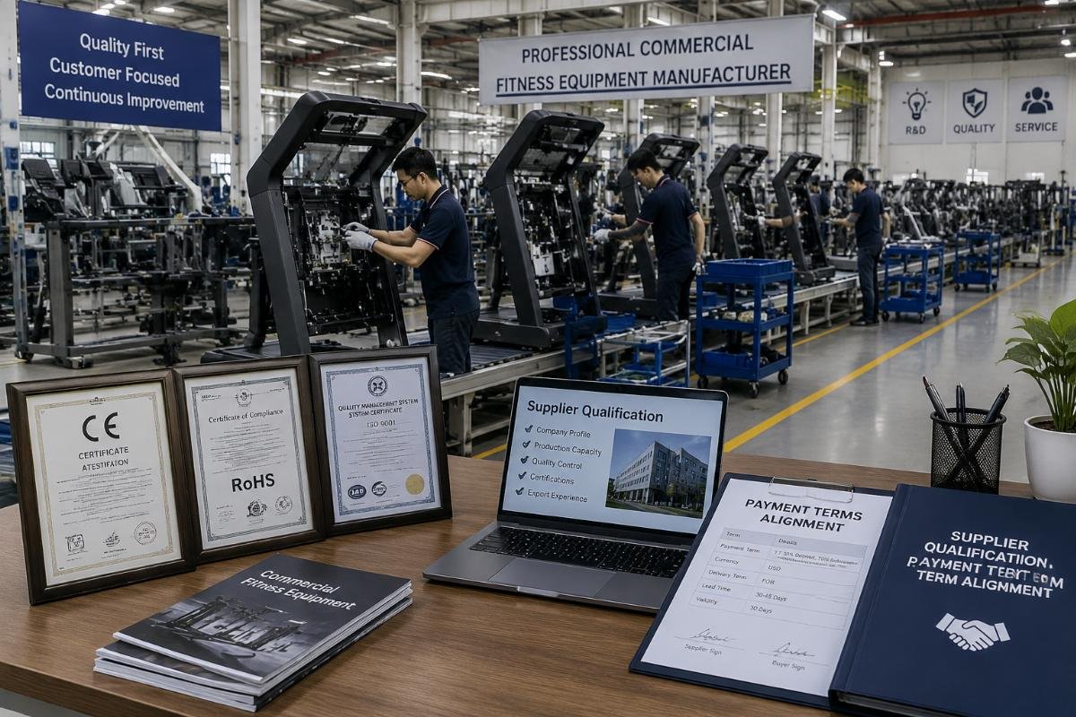 Supplier qualification and payment term alignment A factory production line for commercial fitness equipment with certification documents on a nearby desk