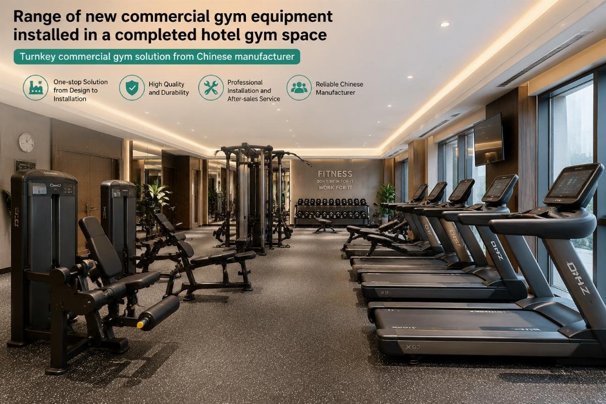 Turnkey commercial gym solution from Chinese manufacturer Range of new commercial gym equipment installed in a completed hotel gym space