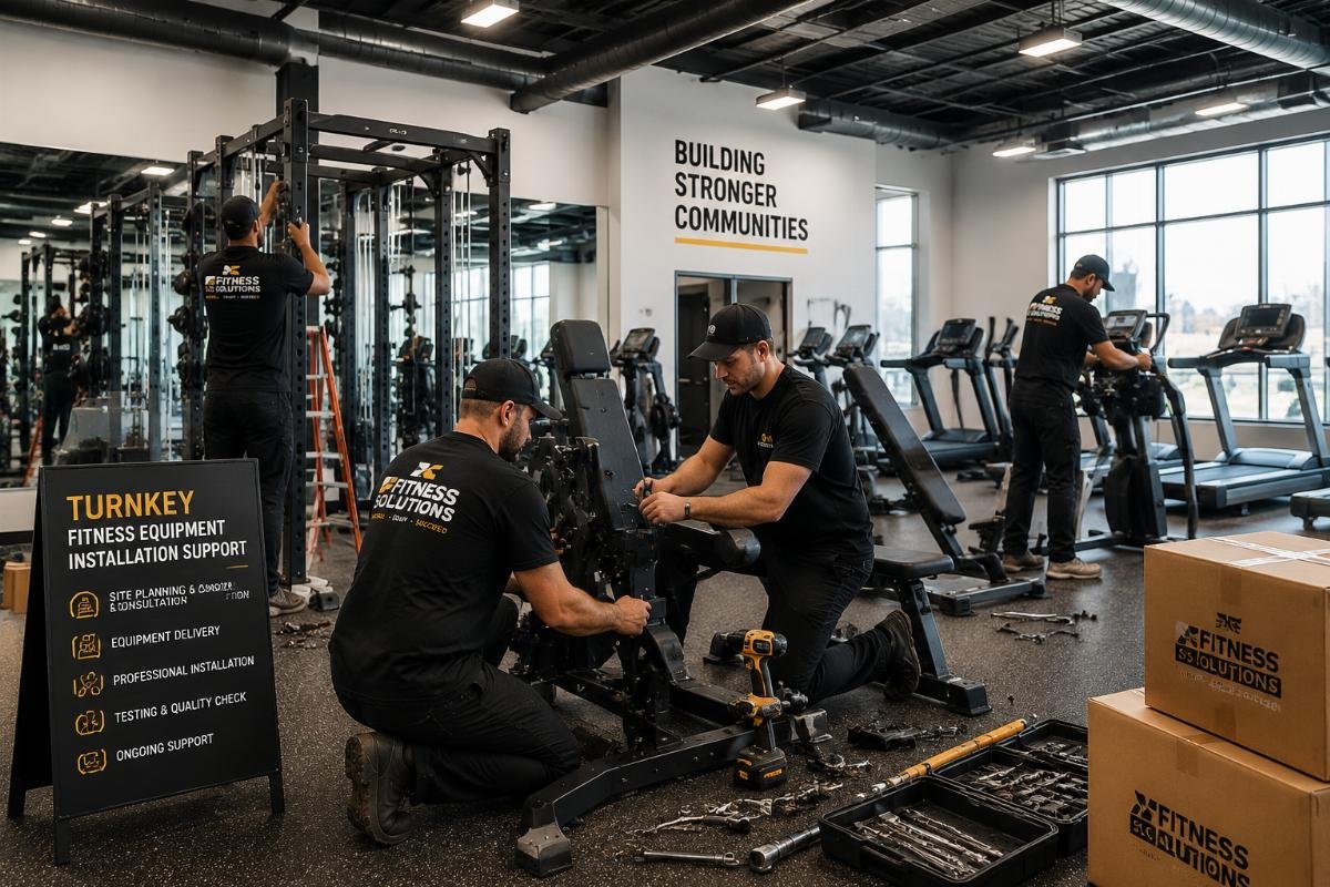 Turnkey fitness equipment installation support A team installing fitness equipment in a new commercial gym space