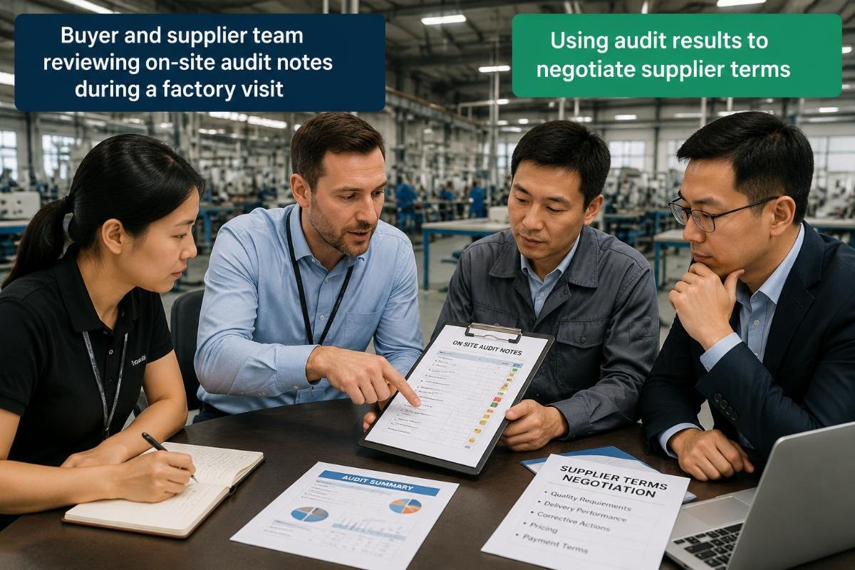 Using audit results to negotiate supplier terms Buyer and supplier team reviewing on-site audit notes during a factory visit