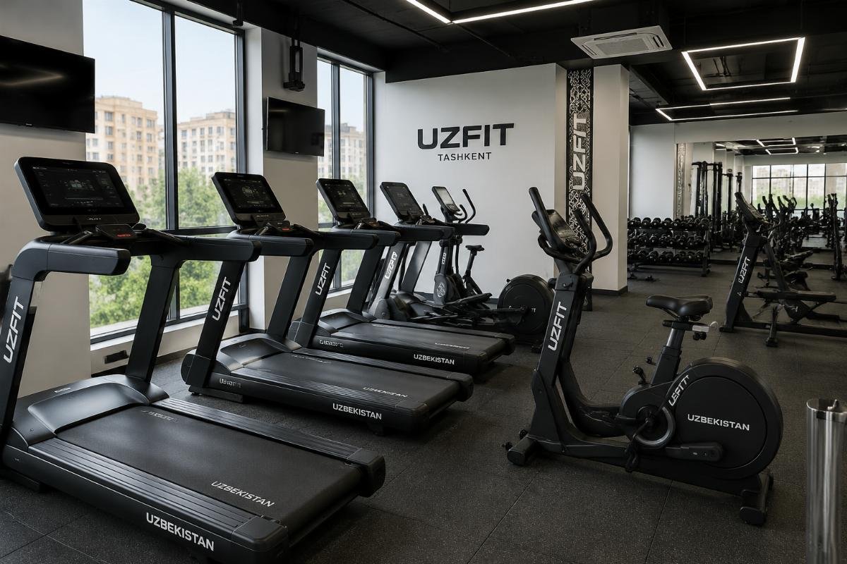 Uzbekistan gym equipment installation Tashkent fitness studio with custom branded cardio equipment