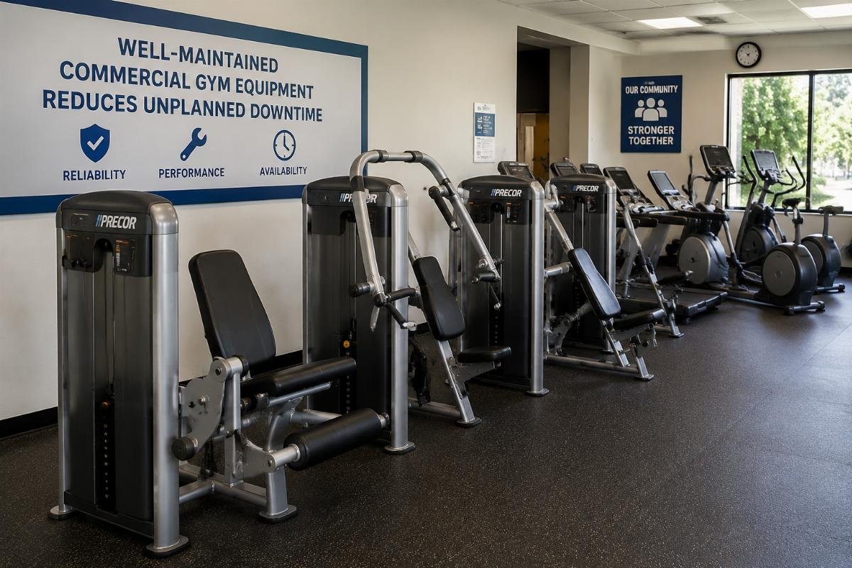 A row of well-maintained commercial gym equipment in a small community fitness center
